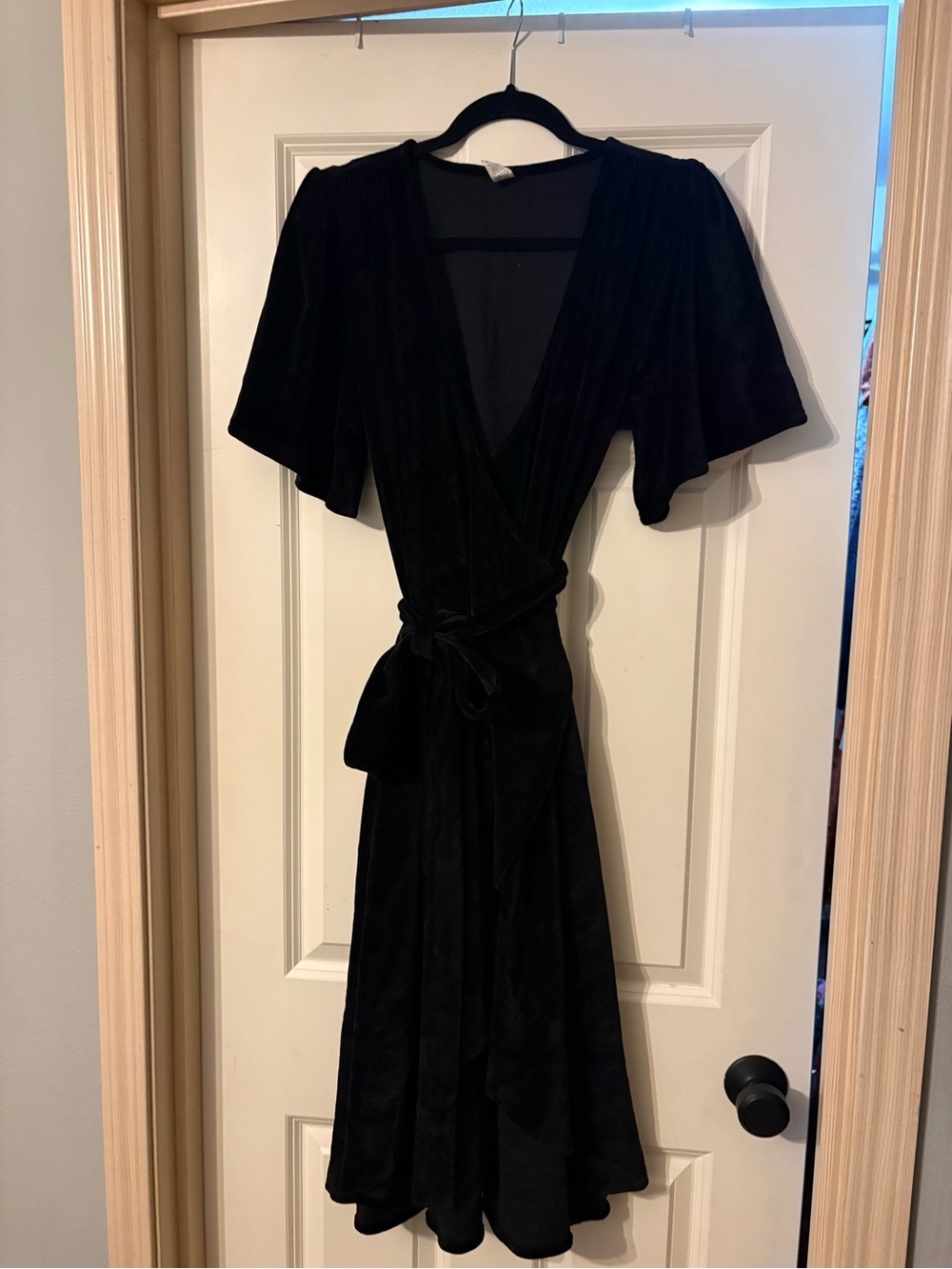Kate Quinn Black Velour Wrap Dress with Tie Waist